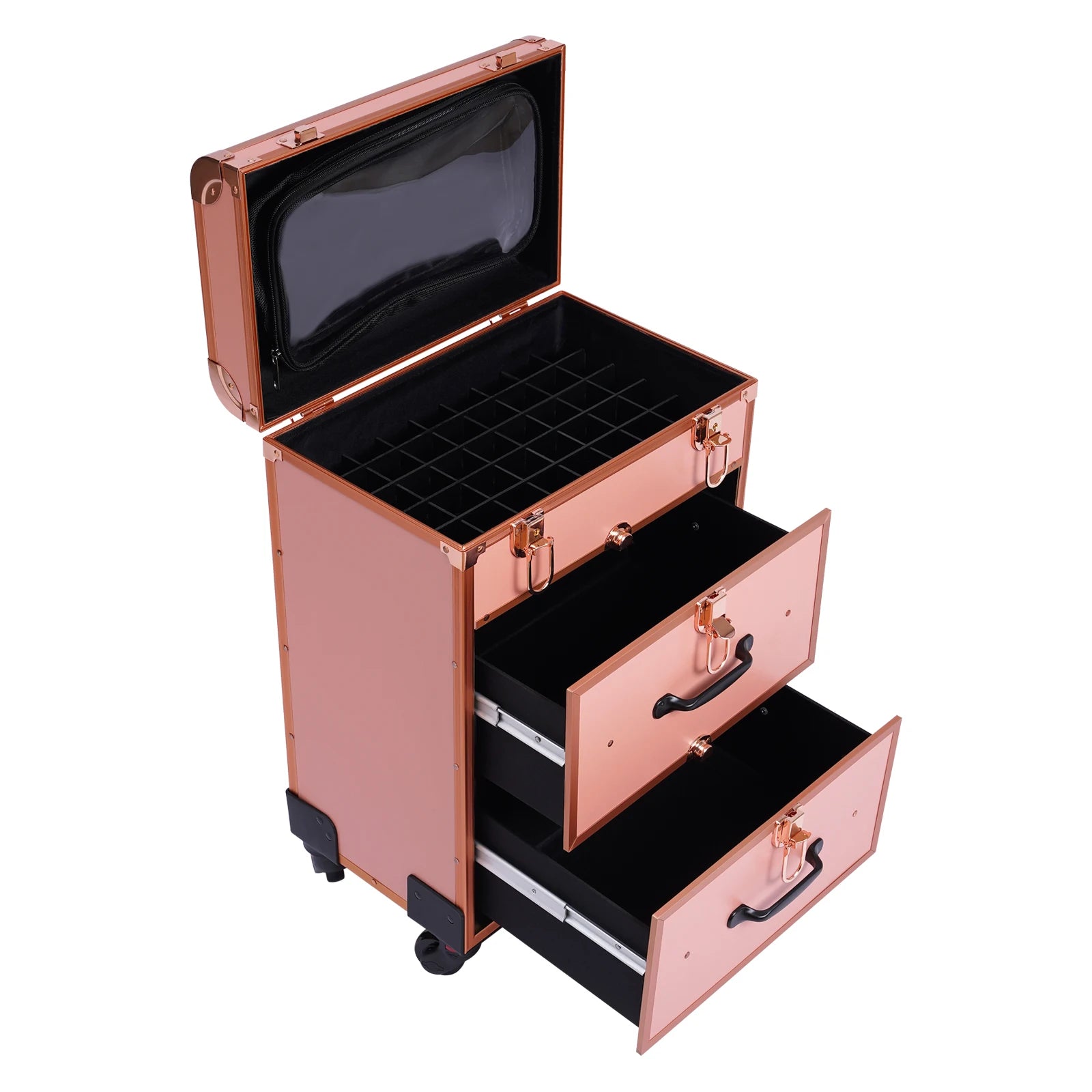 Rolling Makeup Case Large Cosmetic Trolley with Locks & Dividers Aluminum Alloy Frame Frosted Universal Wheel Retractable Handle