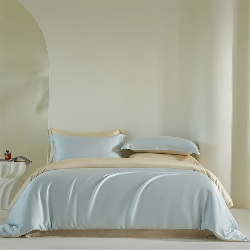 Liv-Esthete Double Color Noble 100% Silk Bedding Set Silky Green Queen King Duvet Cover Flat Sheet Pillowcase Bed Linen Set