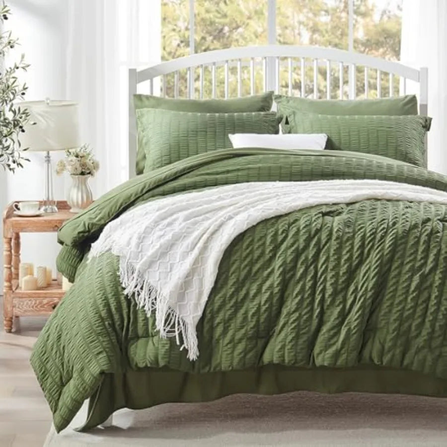 Queen Comforter Set 7 Pieces Olive Green Seersucker Bed in a Bag with Comforter and Sheets All Season Bedding Sets with 1 Comfo