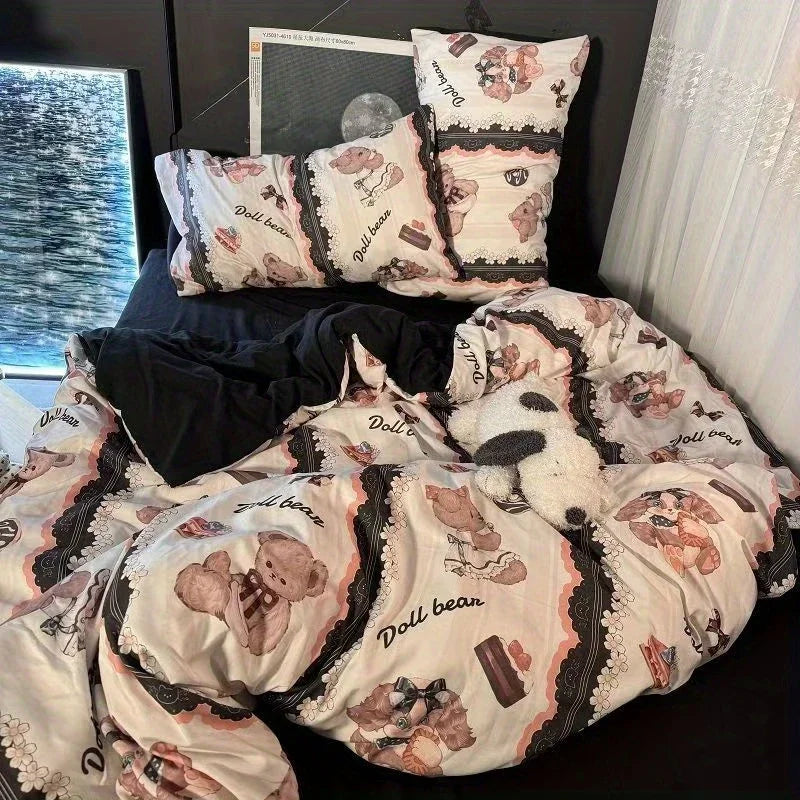 Ins Bedding Set Cute Bear Single Queen Size Soft Duvet Cover Flat Sheet Pillowcase for Girls Boys Home Bed Linens