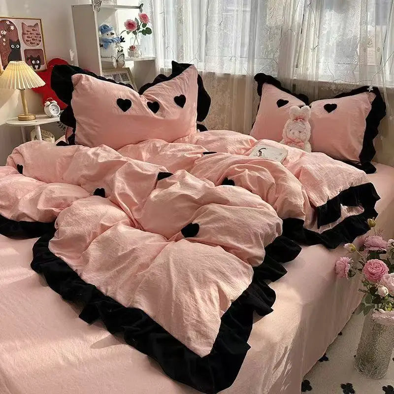 Ins Pink Bow Bedding Set Ruffles Duvet Cover Set Flat Sheet Set Women Girls Princess Bed Linen Set Single Twin Queen Bedclothes