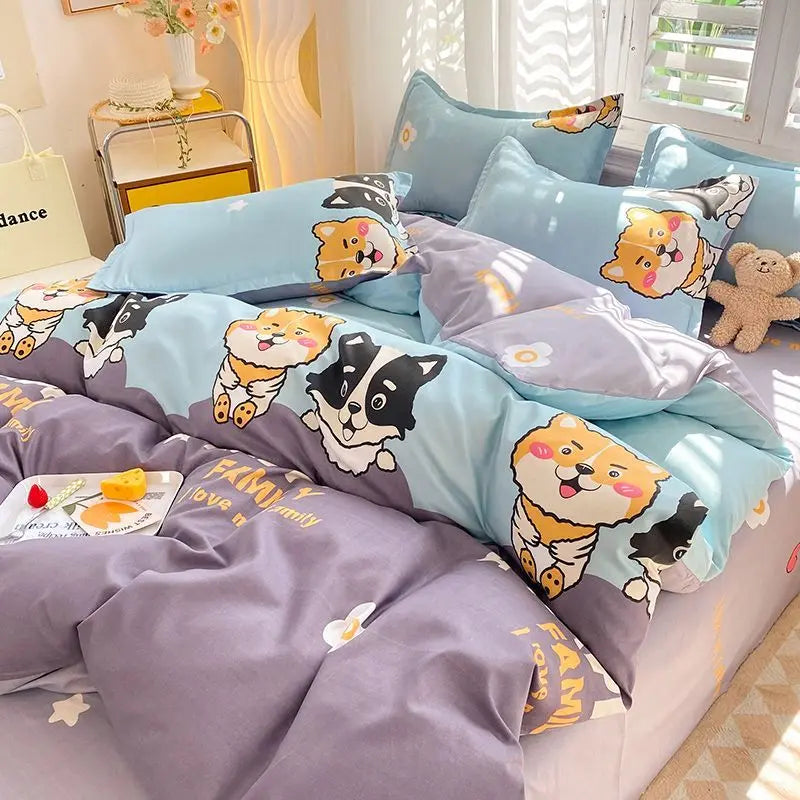 Cute Rabbit Bedding Set Flat Sheet Duvet Cover Pillowcases Single Double Queen Size Bed Linen Boys Girls Home Textile