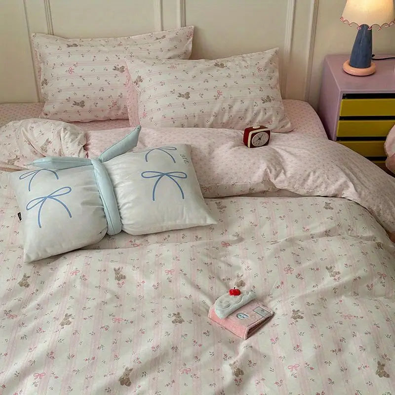 Ins Bedding Set Cute Bear Single Queen Size Soft Duvet Cover Flat Sheet Pillowcase for Girls Boys Home Bed Linens