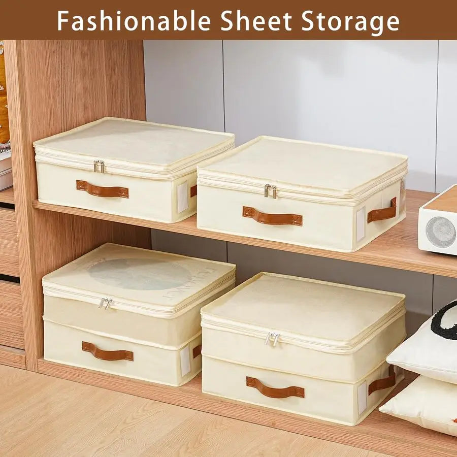 Sheet Organizers and Storage, 4 Pack Linen Closet Organizers with Adjustable Zipper, Foldable Bedding Storage for Queen or King
