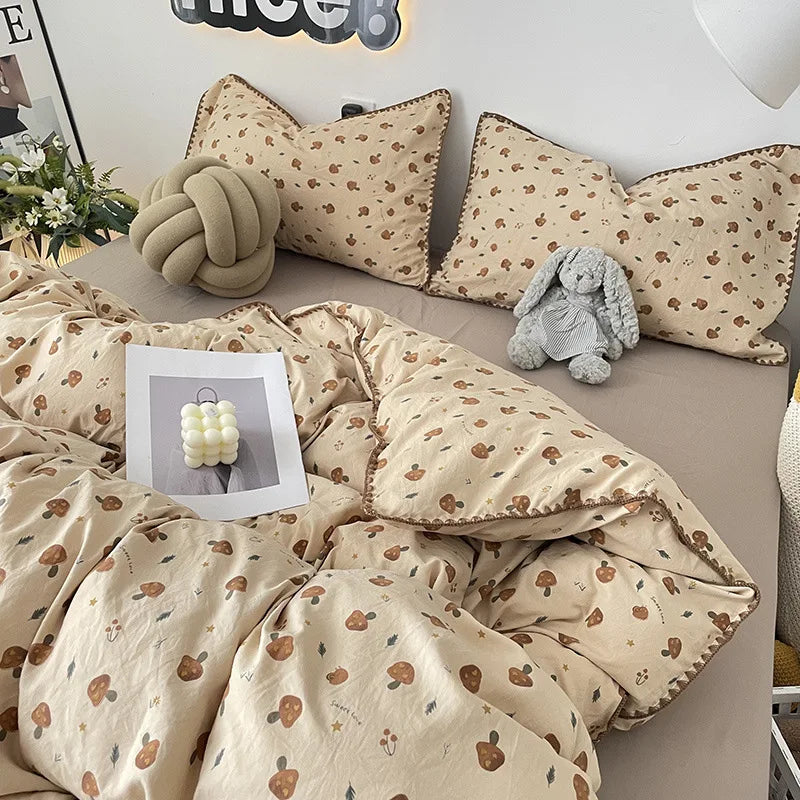 Ins Soft Bedding Set Mushroom Girls Single Double King Size Duvet Cover No Filler Flat Sheet Pillowcase Washed Cotton Bed Linens