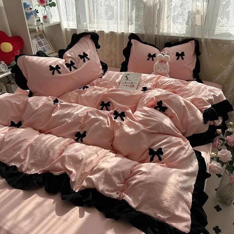 Ins Pink Bow Bedding Set Ruffles Duvet Cover Set Flat Sheet Set Women Girls Princess Bed Linen Set Single Twin Queen Bedclothes
