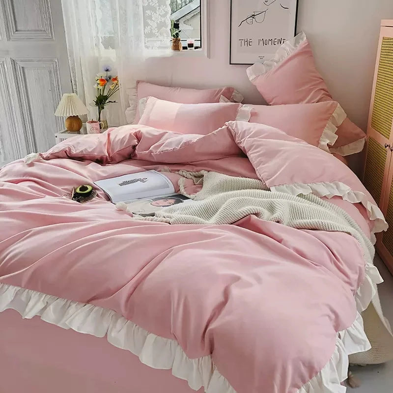 Ins Princess Style Bedding Set For Woman Cute Girl Solid Color Ruffles Duvet Cover Queen King Bed Sheet Bed Skirt Pillow Covers