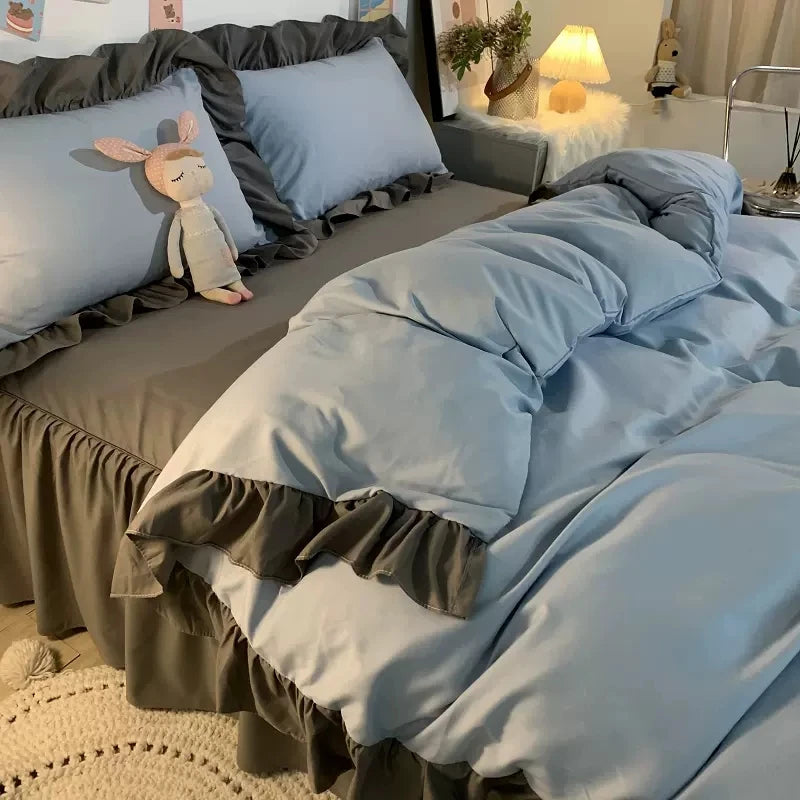 Ins Princess Style Bedding Set For Woman Cute Girl Solid Color Ruffles Duvet Cover Queen King Bed Sheet Bed Skirt Pillow Covers