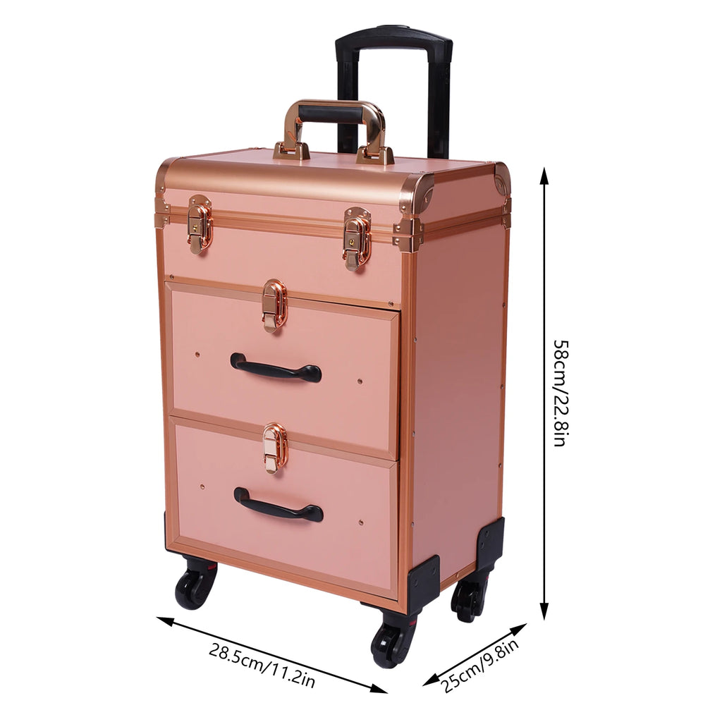 Rolling Makeup Case Large Cosmetic Trolley with Locks & Dividers Aluminum Alloy Frame Frosted Universal Wheel Retractable Handle