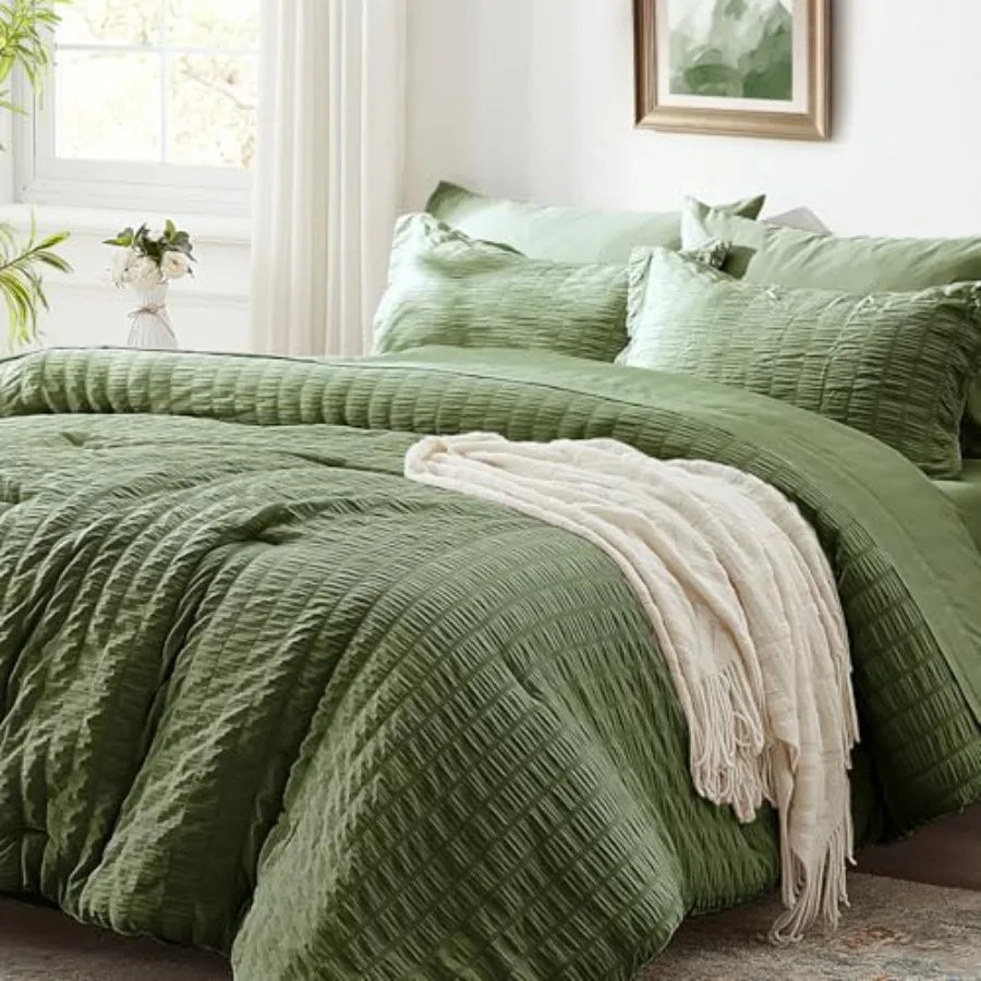 Queen Comforter Set 7 Pieces Olive Green Seersucker Bed in a Bag with Comforter and Sheets All Season Bedding Sets with 1 Comfo