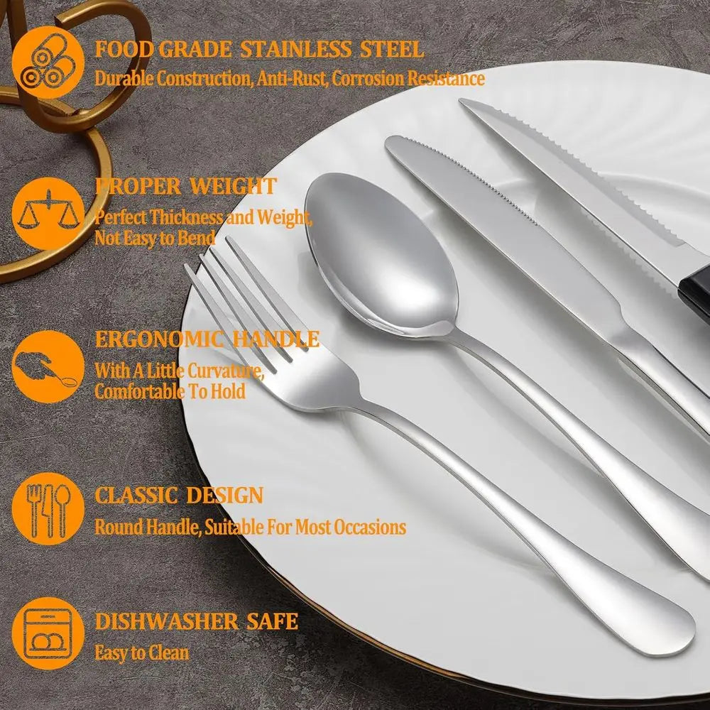 Silverware Set with Steak Knives Service or 4,StainlSteel latware, Mirror Polished Cutlery Utensil Set or Home Kitchen Eating Ta