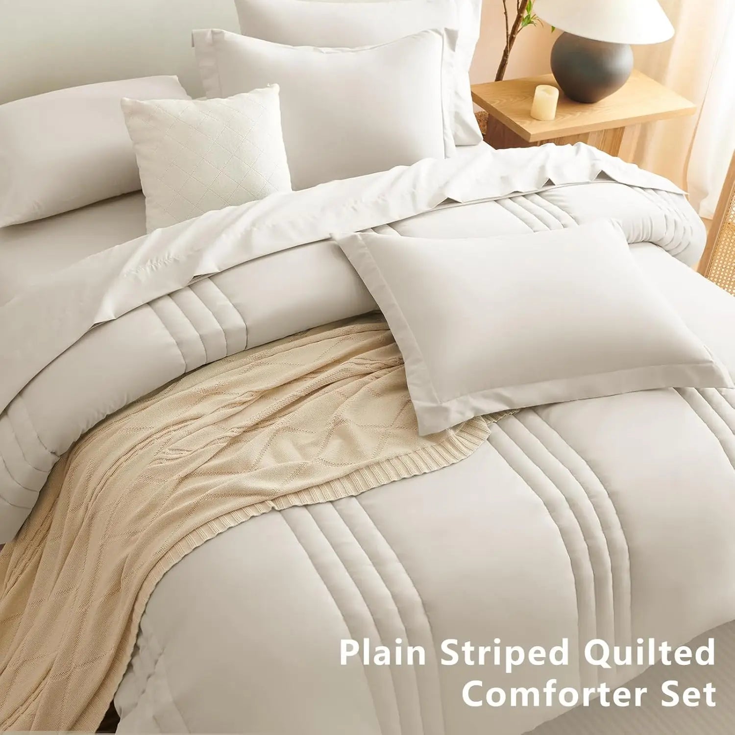 Queen Size Comforter Set - 7 Piece All Seasons Luxury Bedding with Down Alternative, Soft Sheets & Pillowcases