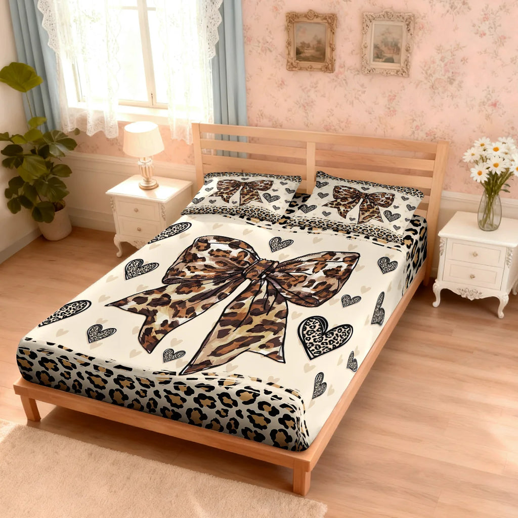 3pcs Leopard Print Bow Print Coreless Bed Sheet Set, Multi Size Comfortable Bed Cover, Bedroom Bedding Decoration