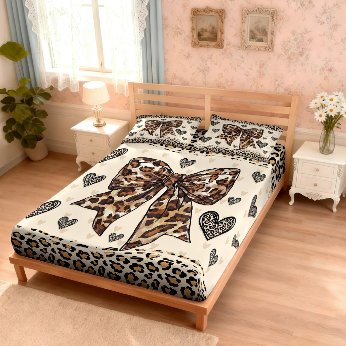 3pcs Leopard Print Bow Print Coreless Bed Sheet Set, Multi Size Comfortable Bed Cover, Bedroom Bedding Decoration