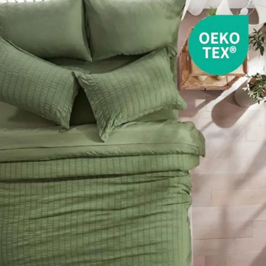 Queen Comforter Set 7 Pieces Olive Green Seersucker Bed in a Bag with Comforter and Sheets All Season Bedding Sets with 1 Comfo