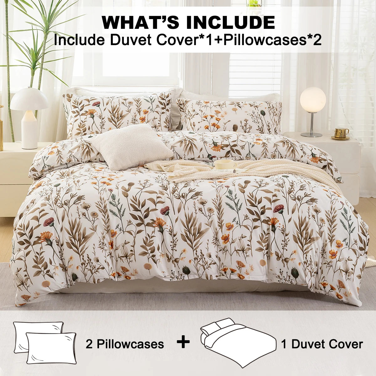 3pcs/set Leaf Floral Pattern Duvet Cover Set(1 Duvet Cover & 2 Pillowcase）Soft And Skin-Friendly Duvet Cover Bedding Set For
