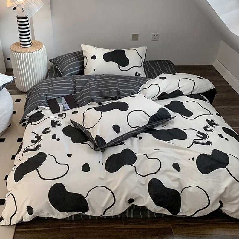Ins Bedding Set Cute Bear Single Queen Size Soft Duvet Cover Flat Sheet Pillowcase for Girls Boys Home Bed Linens