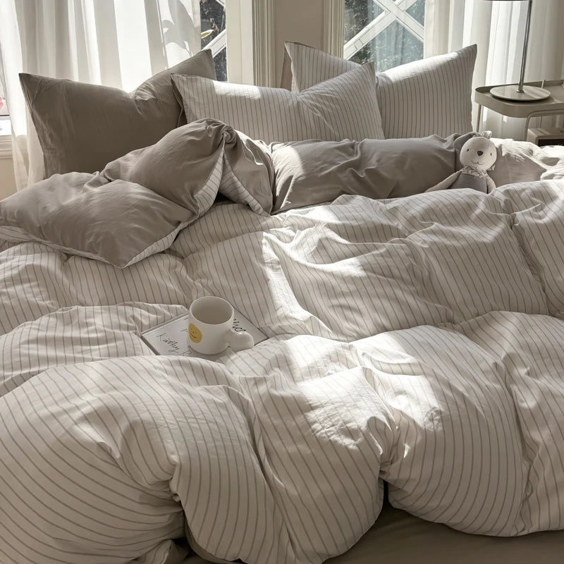 Pure Washed Cotton Stripe Style Bedding Set Simple Ins Duvet Cover Set Ultra Soft Comfortable Bed Sheet Set Bed Linen Pillowcase