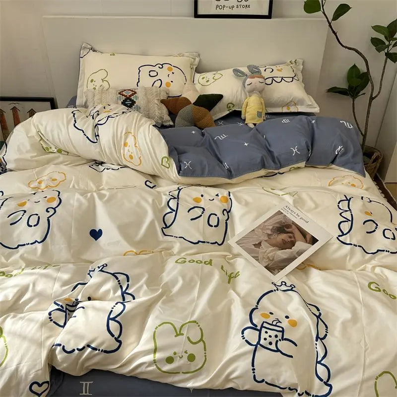 Cute Rabbit Bedding Set Flat Sheet Duvet Cover Pillowcases Single Double Queen Size Bed Linen Boys Girls Home Textile