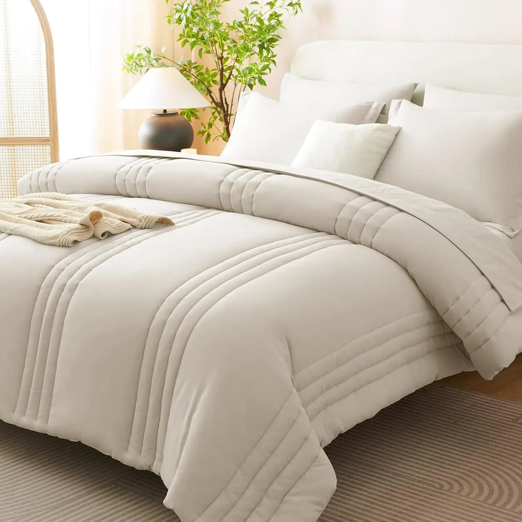 Queen Size Comforter Set - 7 Piece All Seasons Luxury Bedding with Down Alternative, Soft Sheets & Pillowcases