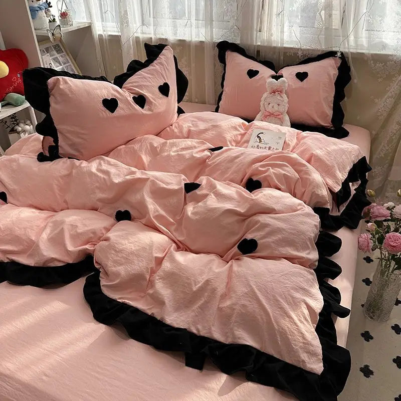 Ins Pink Bow Bedding Set Ruffles Duvet Cover Set Flat Sheet Set Women Girls Princess Bed Linen Set Single Twin Queen Bedclothes