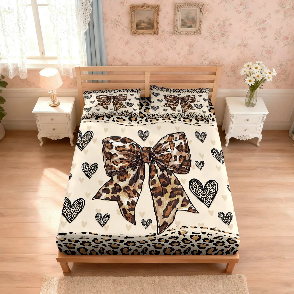 3pcs Leopard Print Bow Print Coreless Bed Sheet Set, Multi Size Comfortable Bed Cover, Bedroom Bedding Decoration