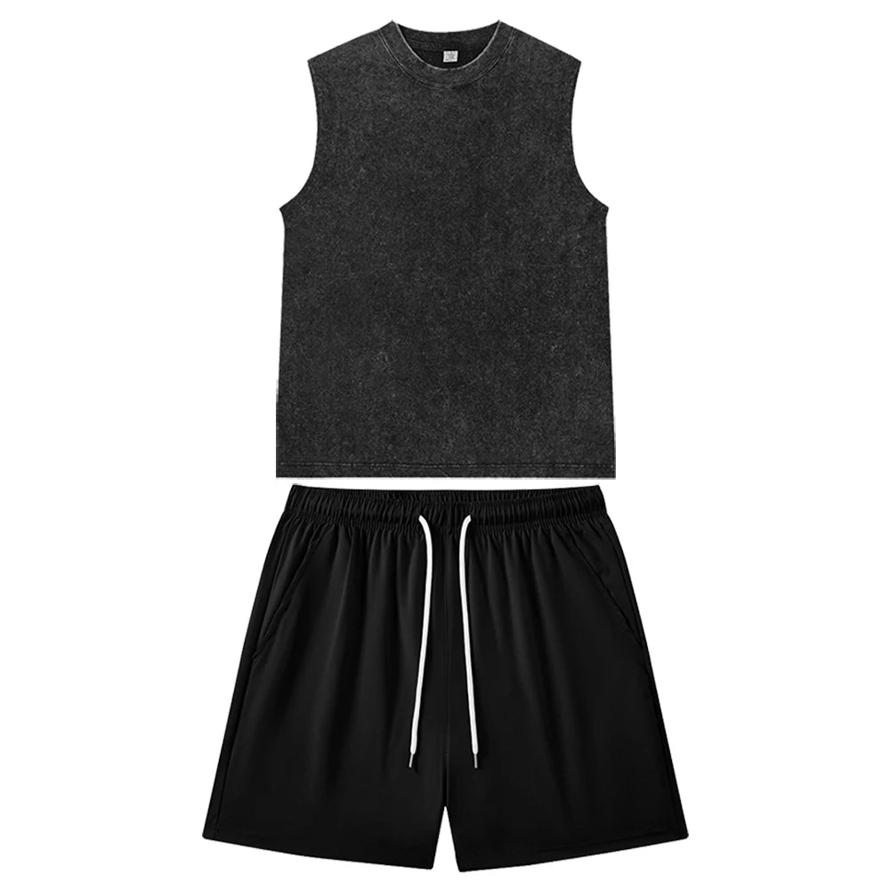 Summer Unisex Vintage Solid Washed Vest and Shorts Suit Casual Streetwear Black Sleeveless Top and Gym Jogging Shorts Outfits