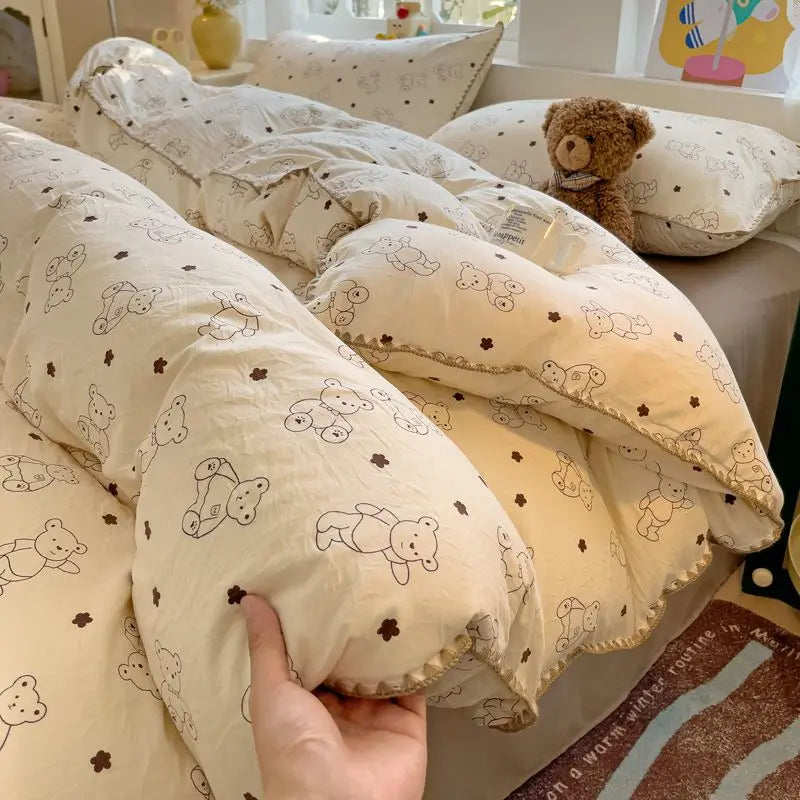 Ins Soft Bedding Set Mushroom Girls Single Double King Size Duvet Cover No Filler Flat Sheet Pillowcase Washed Cotton Bed Linens