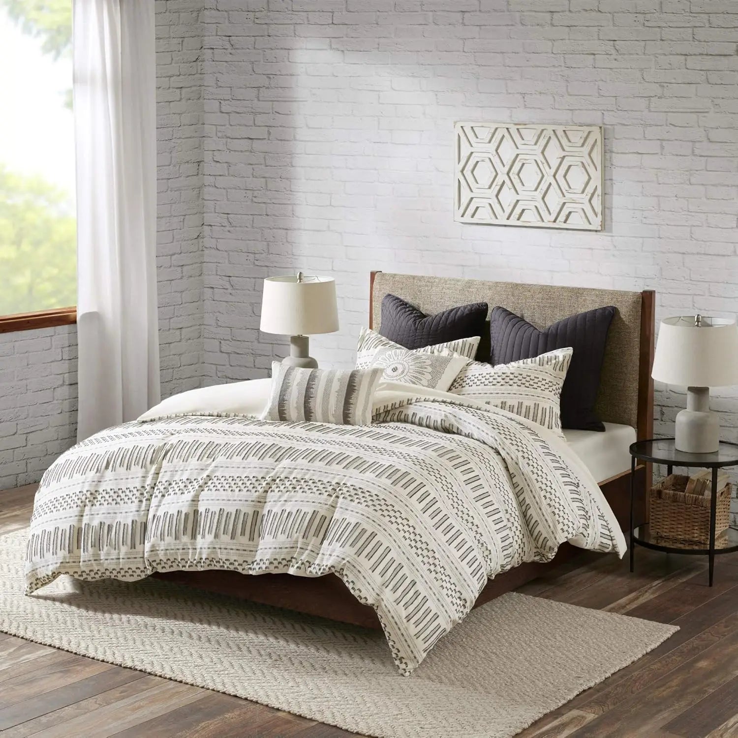 Luxury Cotton Bedding Set - Mid Century Geometric Design, All Season King Size Comforter with Shams