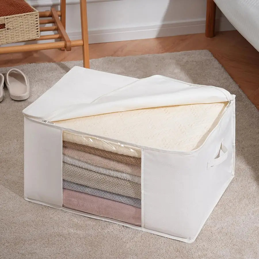Large Storage Bags with Zipper and Clear Window, Cotton Blended Fabric Storage Containers for Seasonal Clothes and Bedding, 23.6