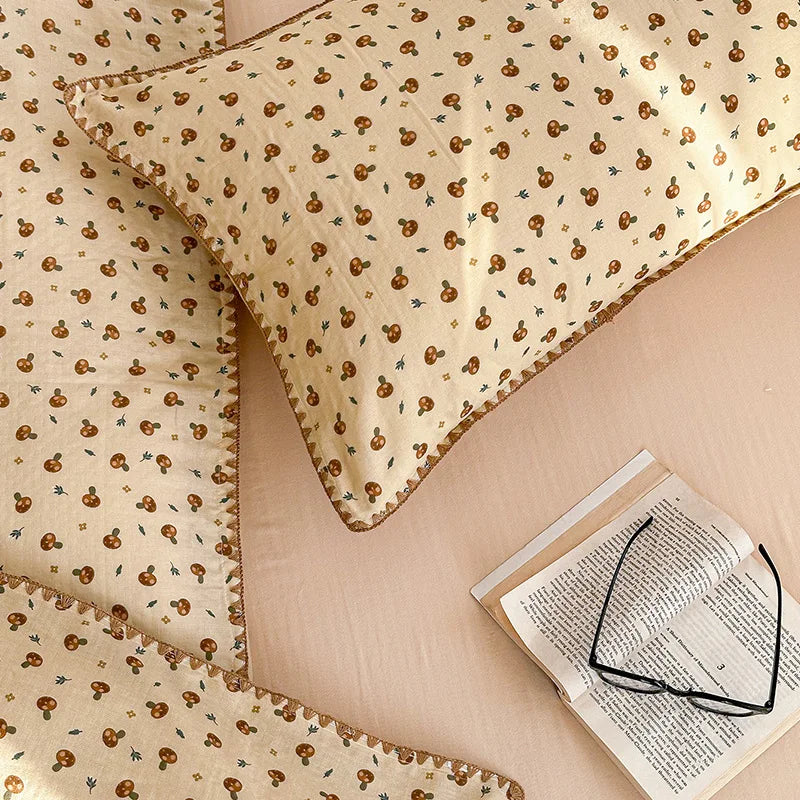 Ins Soft Bedding Set Mushroom Girls Single Double King Size Duvet Cover No Filler Flat Sheet Pillowcase Washed Cotton Bed Linens