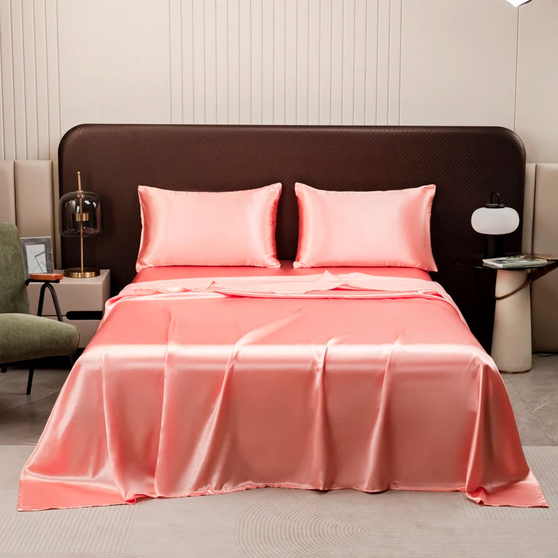 Washable Ice Silk Mattress Protector Dustproof Sheet Bedding Bed Linen Luxury Silky Champagne Flat Sheet (Without pillowcase)