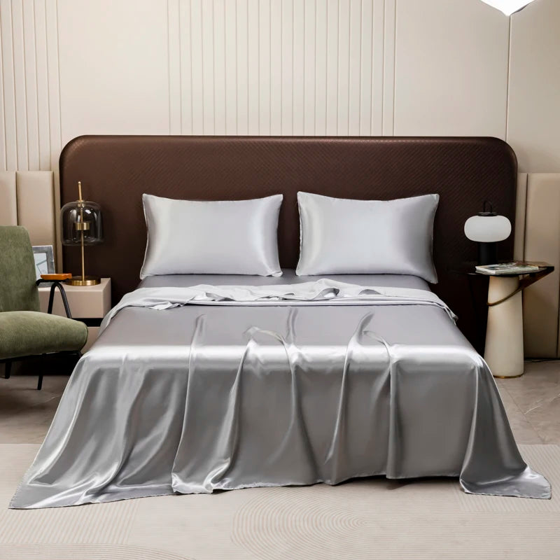Washable Ice Silk Mattress Protector Dustproof Sheet Bedding Bed Linen Luxury Silky Champagne Flat Sheet (Without pillowcase)