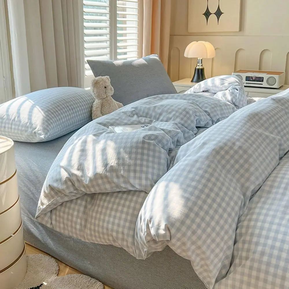 Queen Size Blue White Plaid Duvet Cover Set, Soft Breathable Microfiber Bedding with Pillow Shams