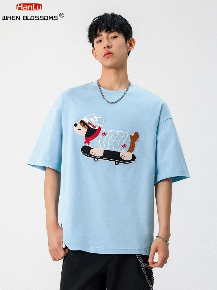 Summer Men's Cotton T-Shirt Cute Dog Embroidery Japanese Style Oversized Couple Tee Streetwear Casual Short Sleeve Loose Fit