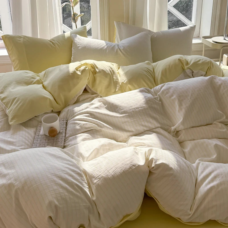 Pure Washed Cotton Stripe Style Bedding Set Simple Ins Duvet Cover Set Ultra Soft Comfortable Bed Sheet Set Bed Linen Pillowcase