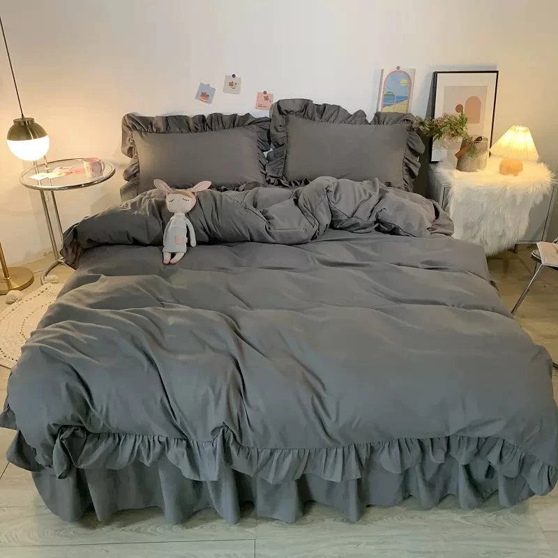 Ins Princess Style Bedding Set For Woman Cute Girl Solid Color Ruffles Duvet Cover Queen King Bed Sheet Bed Skirt Pillow Covers