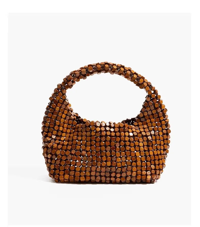 Vintage niche wooden beaded handbag 2026 new handwoven shoulder messenger bag summer beach bag