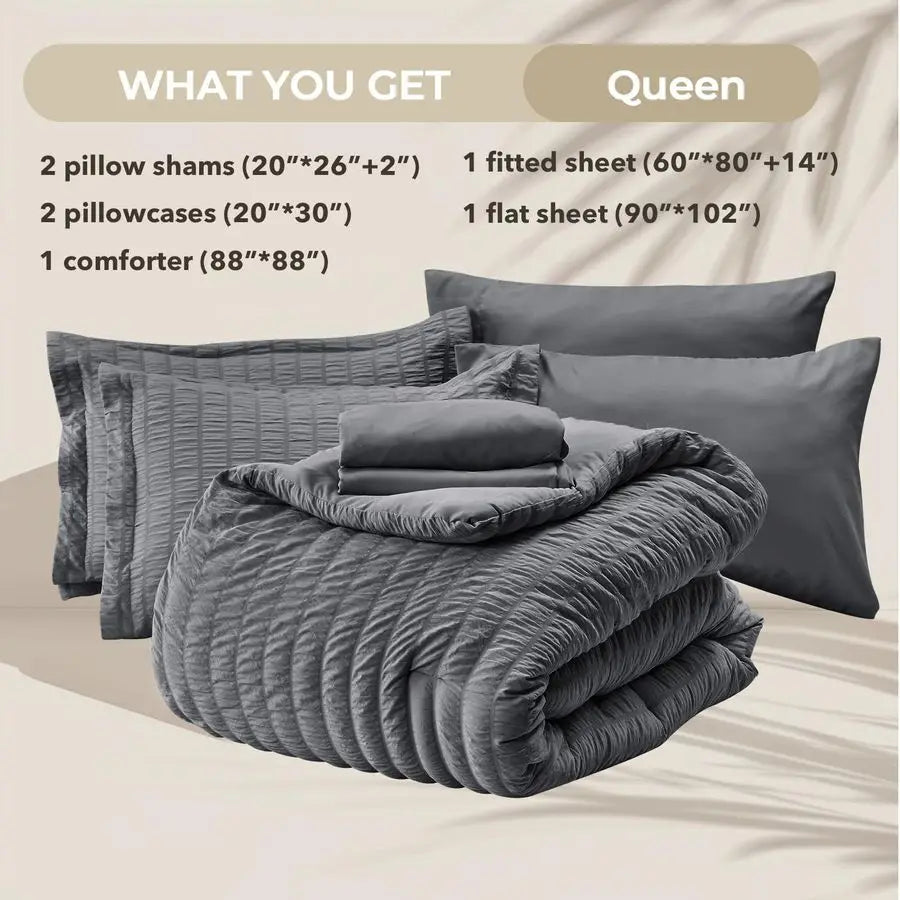 Queen Comforter Set Seersucker 7 Pieces, All Season Luxury Bed in a Bag for Bedroom, Bedding Set with Comforters, Sheets, Pillow