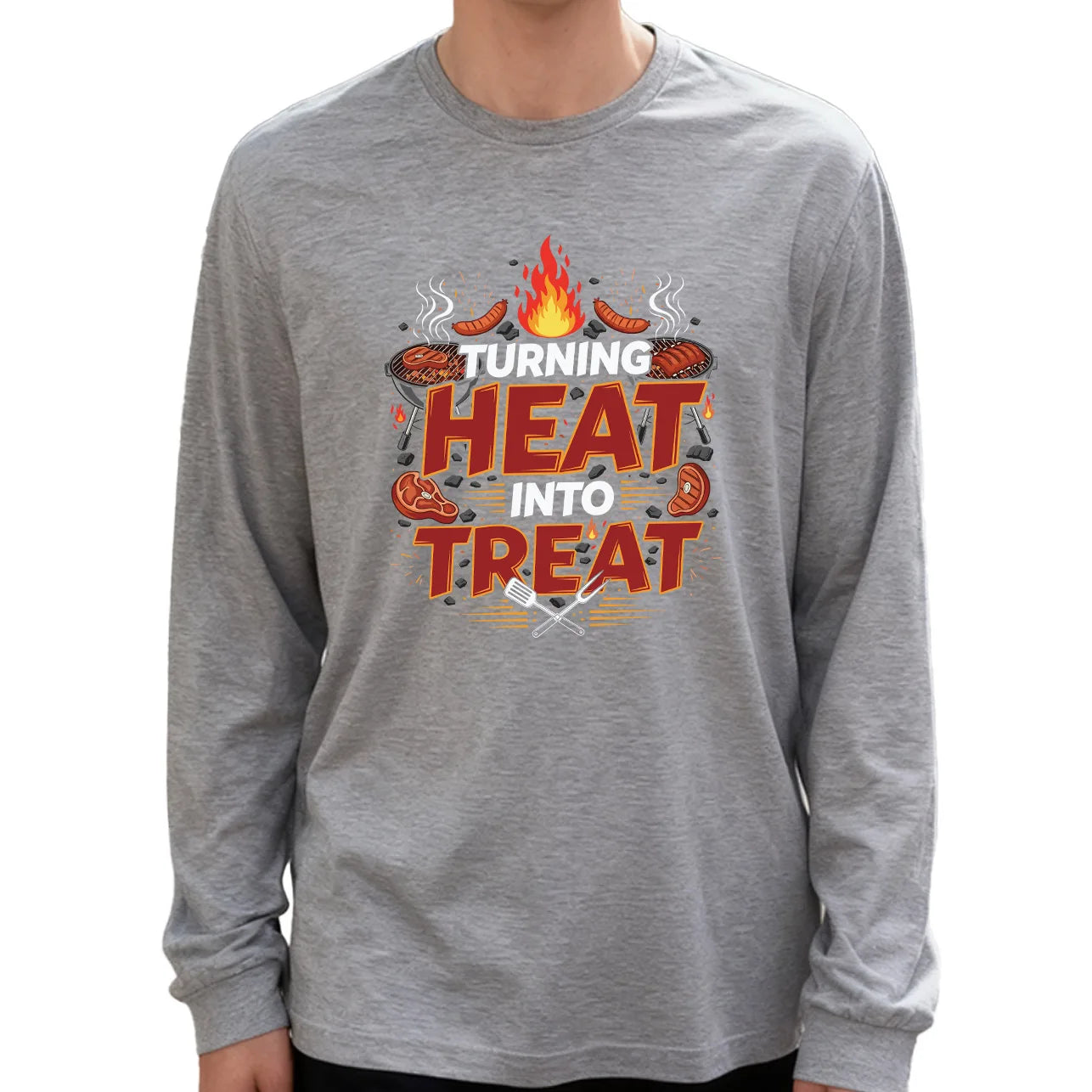Turning Heat into Treat Men's Long Sleeve Tee 100% Cotton 180g Crew Neck Casual Daily Style Soft and Breathable