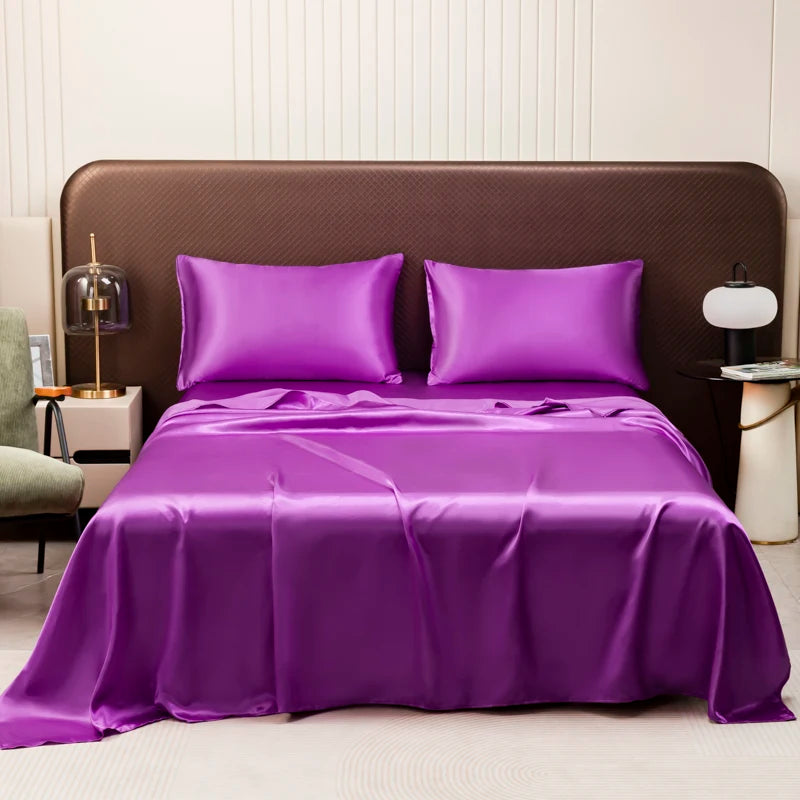 Washable Ice Silk Mattress Protector Dustproof Sheet Bedding Bed Linen Luxury Silky Champagne Flat Sheet (Without pillowcase)