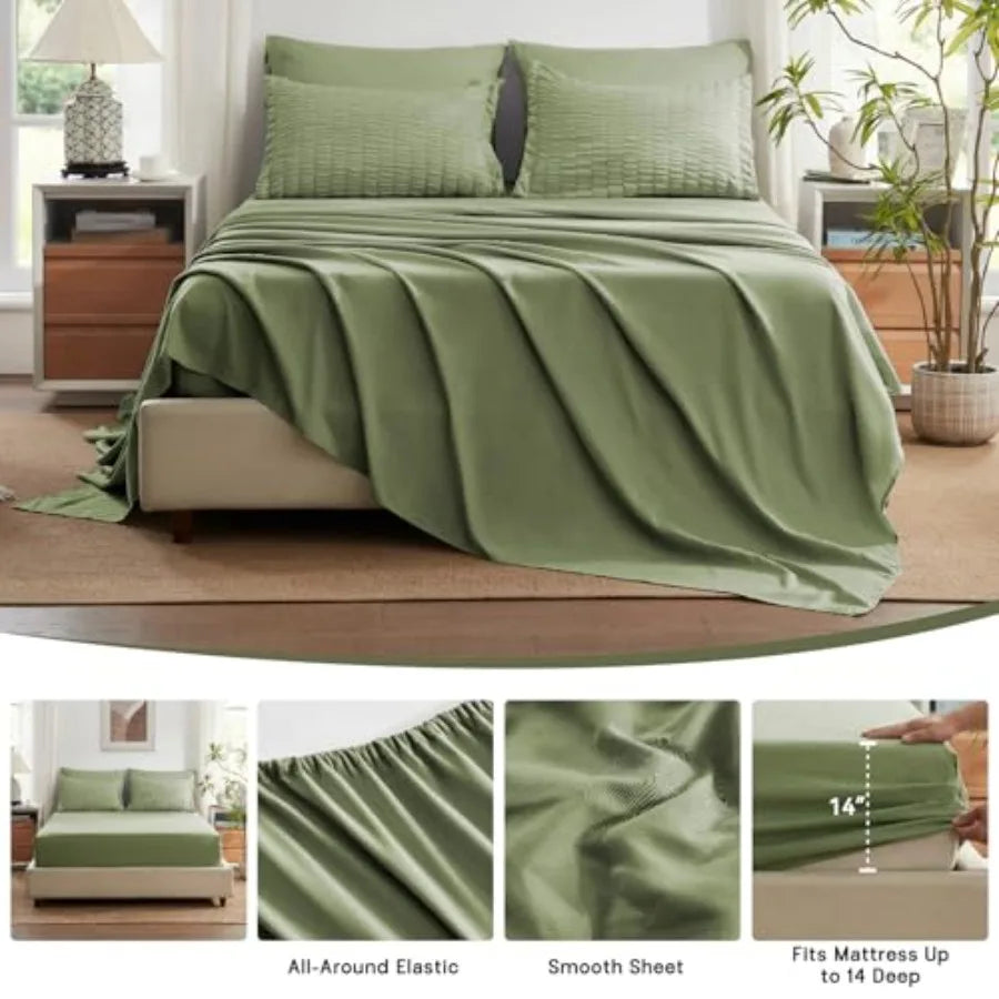 Queen Comforter Set 7 Pieces Olive Green Seersucker Bed in a Bag with Comforter and Sheets All Season Bedding Sets with 1 Comfo