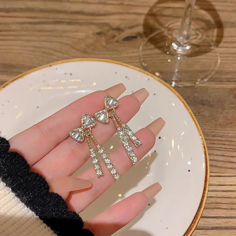 Korean jewelry niche design full diamond bow tie tassel earrings elegant flash diamond temperament earrings rings