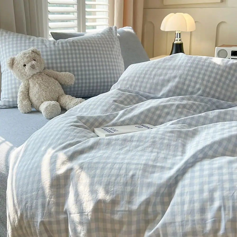 Queen Size Blue White Plaid Duvet Cover Set, Soft Breathable Microfiber Bedding with Pillow Shams
