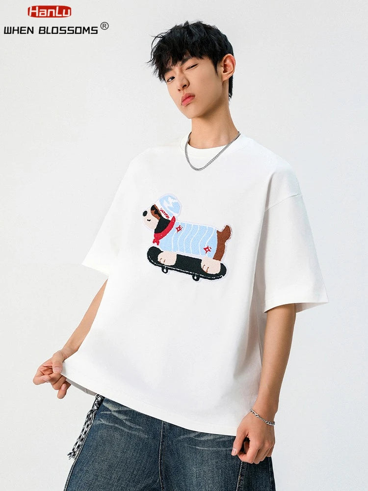 Summer Men's Cotton T-Shirt Cute Dog Embroidery Japanese Style Oversized Couple Tee Streetwear Casual Short Sleeve Loose Fit