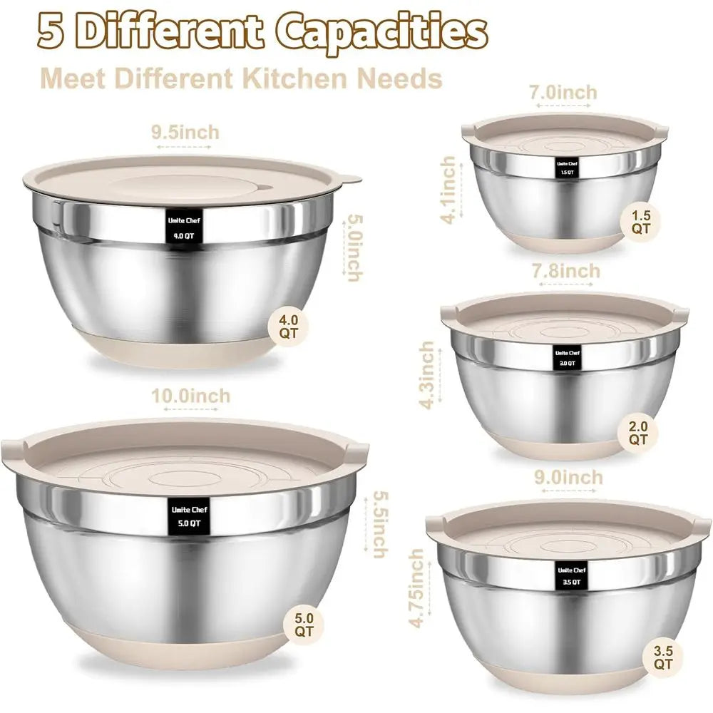 Mixing Bowls with Airtight Lids Set, 8PCS StainlSteel Khaki Nesting Bowls with Grater Attachments, Kitchen Bowls with Non-Slip B