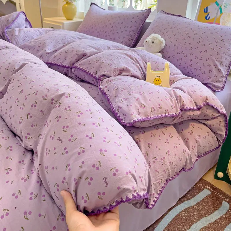 Ins Soft Bedding Set Mushroom Girls Single Double King Size Duvet Cover No Filler Flat Sheet Pillowcase Washed Cotton Bed Linens