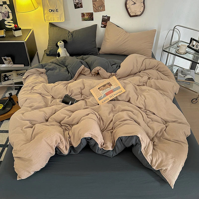 Washed Cotton Bedding Set with Pillowcase bed sheet Single Full Size Bed Linen Duvet Cover Set Queen/King Double Single Bed