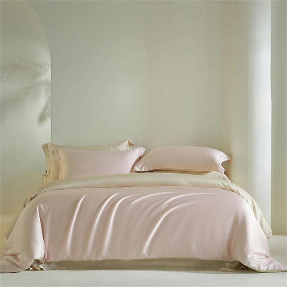 Liv-Esthete Double Color Noble 100% Silk Bedding Set Silky Green Queen King Duvet Cover Flat Sheet Pillowcase Bed Linen Set