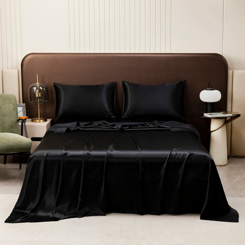 Washable Ice Silk Mattress Protector Dustproof Sheet Bedding Bed Linen Luxury Silky Champagne Flat Sheet (Without pillowcase)